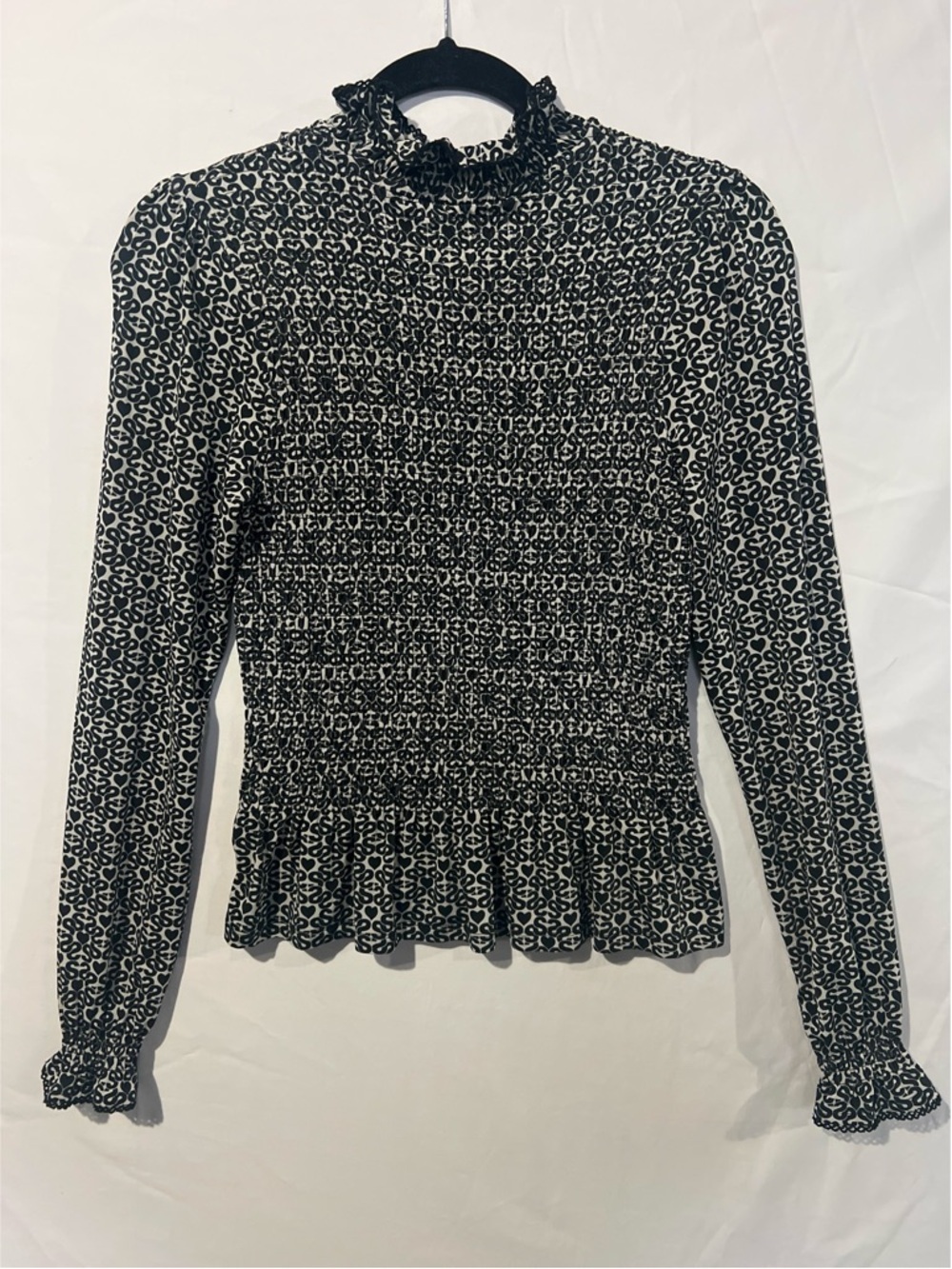 Sandro Blouse Women’s Size 0 Black Monogram Print Mockneck Smocked Top - Picture 3 of 16